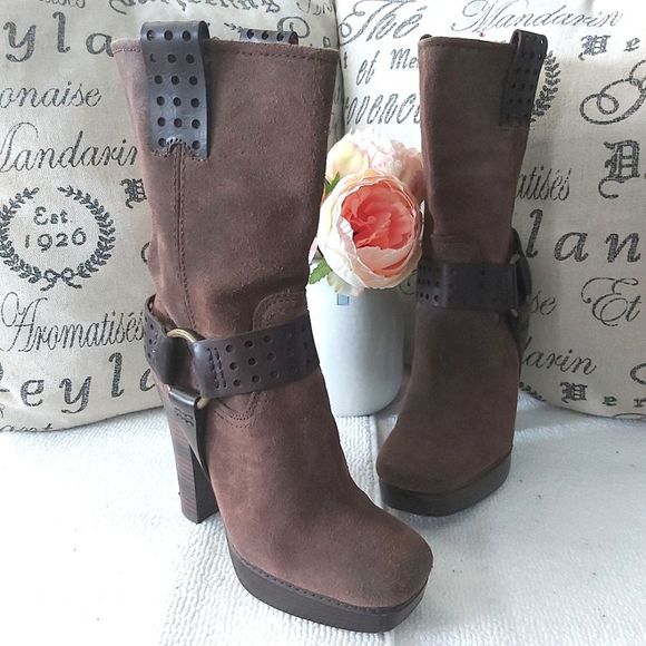 Frye Harmony heel suede leather boots brown harness platform - Picture 4 of 16